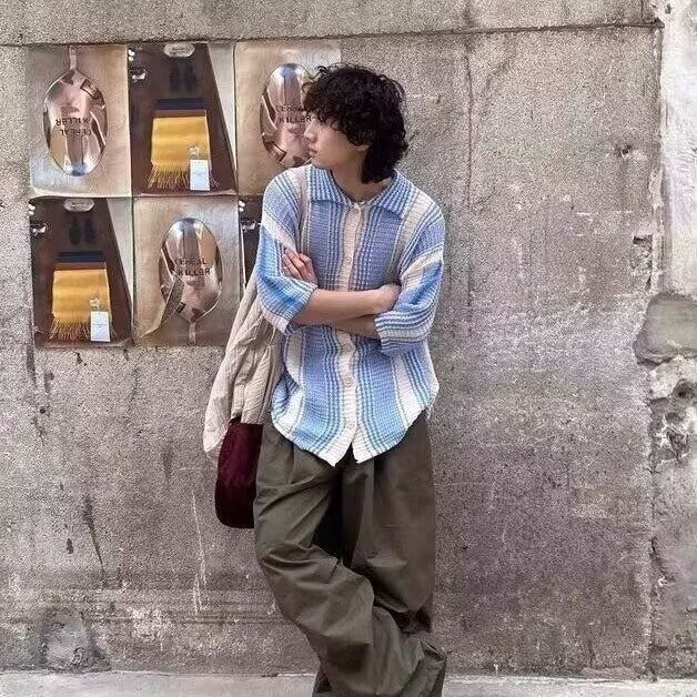 Contrast Color Short Sleeve Shirt Men's Summer Loose
