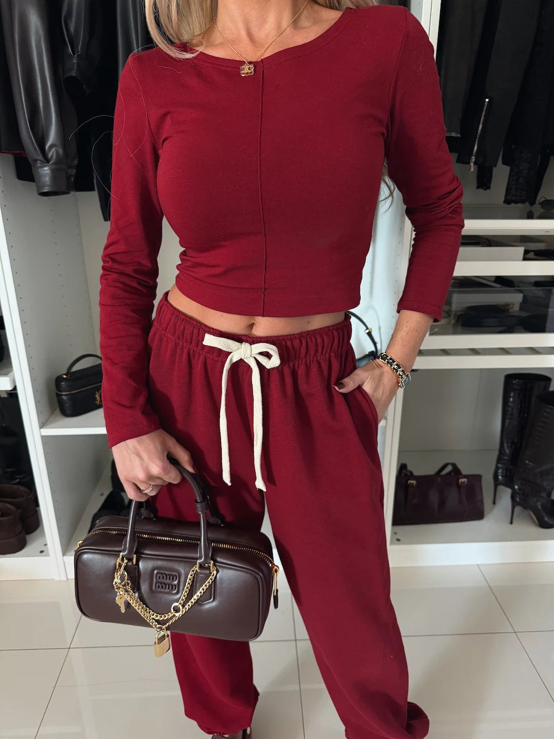 Women's Solid Color Casual Waist-exposure T-shirt Trousers