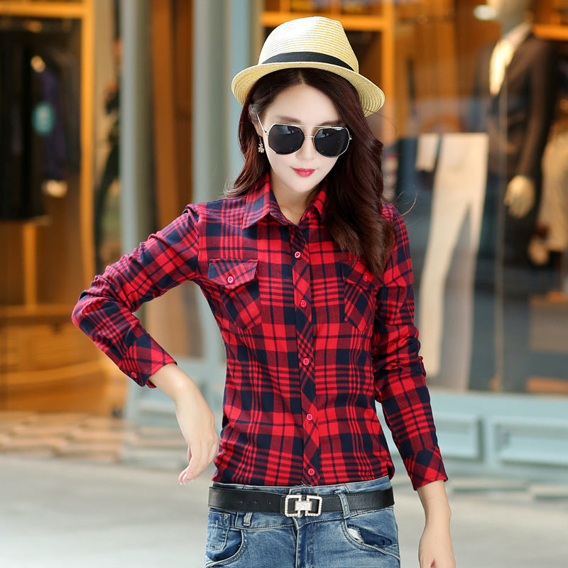 Korean Style Plaid Women's Autumn Clothing Slim Women Loose Cotton Long Sleeve Shirt