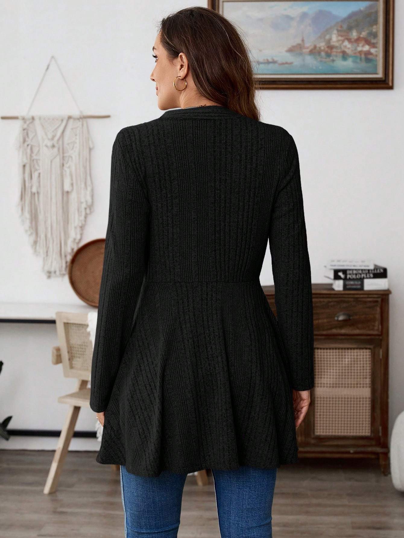 Women's Casual Solid Color Ribbed Knit Jacket