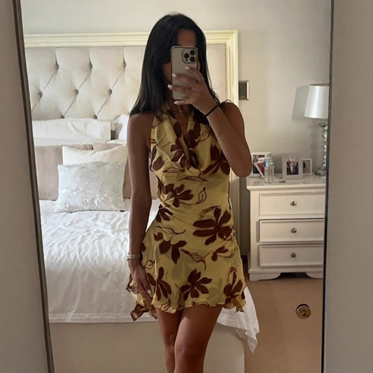 Halter Swing Collar Abstract Printing Sleeveless Dress