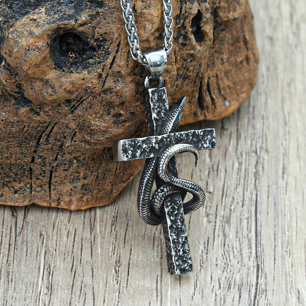 Mens Fashion Vintage Solid Three-dimensional Cobra Cross Pendant Necklace