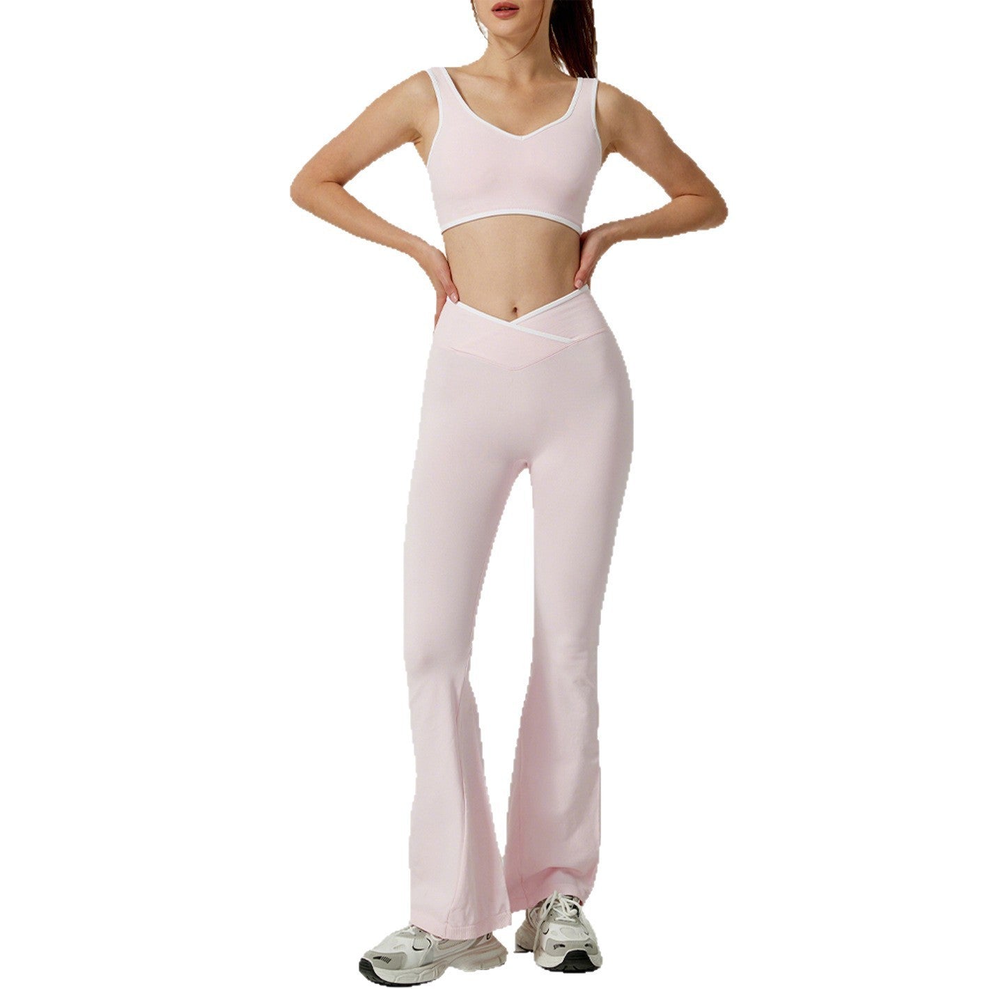 Contrast Color Round Neck Shoulder Strap Yoga Bra Bell-bottom Pants Suit