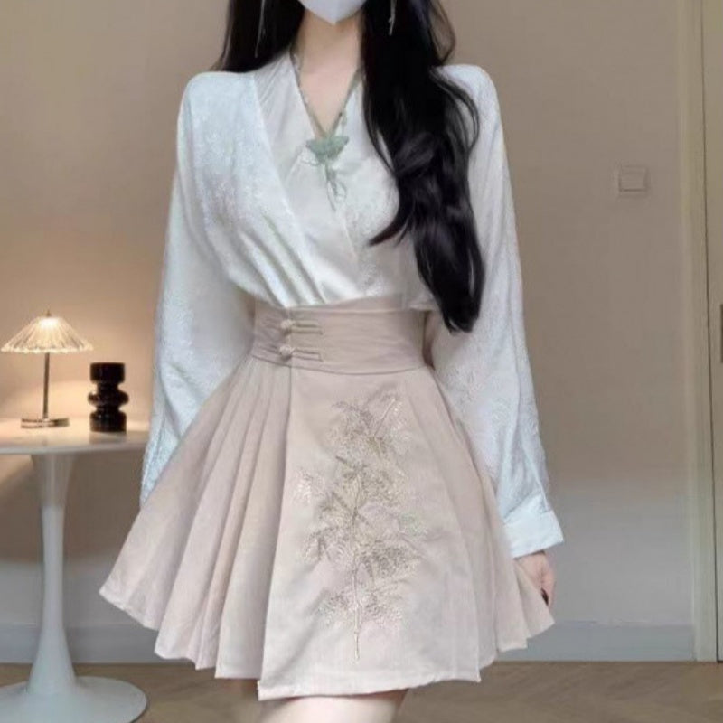 Chinese Style Traditional Chinese Knot Button Top Pleated Horse-face Skirt Two-piece Set
