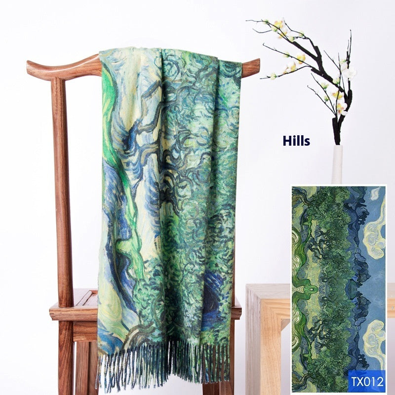Tassel Digital Printing Scarf Cashmere Oil Painting Shawl