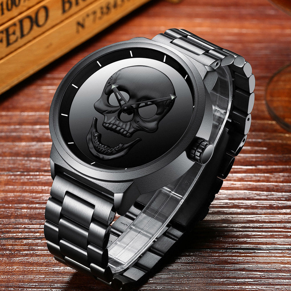 Men's steel band skull waterproof quartz watch