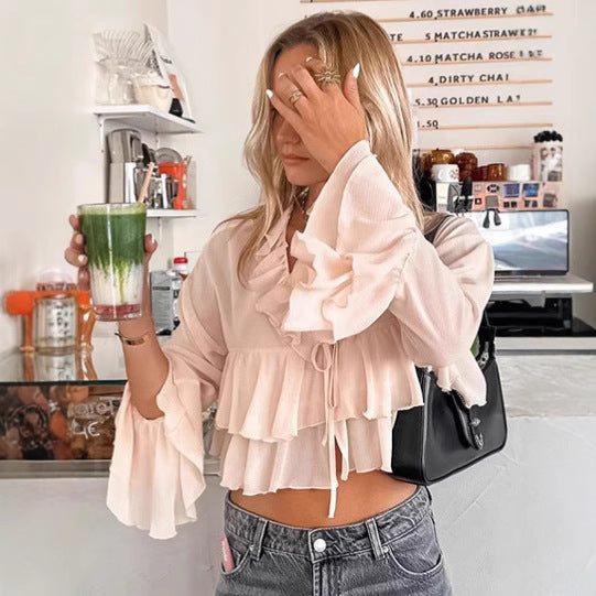 Chiffon V-neck Lace-up Ruffled Shirt