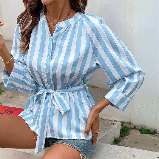 All-matching Striped Women's Three-quarter Sleeve Shirt Top