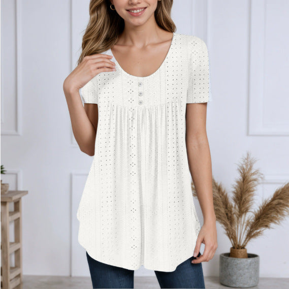 Summer New Round Neck Short Sleeve Top Loose Solid Color Hollow T-shirt