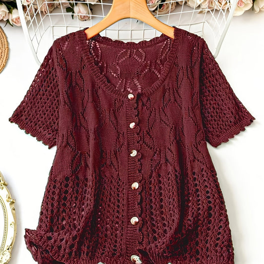 Women's Solid Color Hollow-out Button Short-sleeved Top