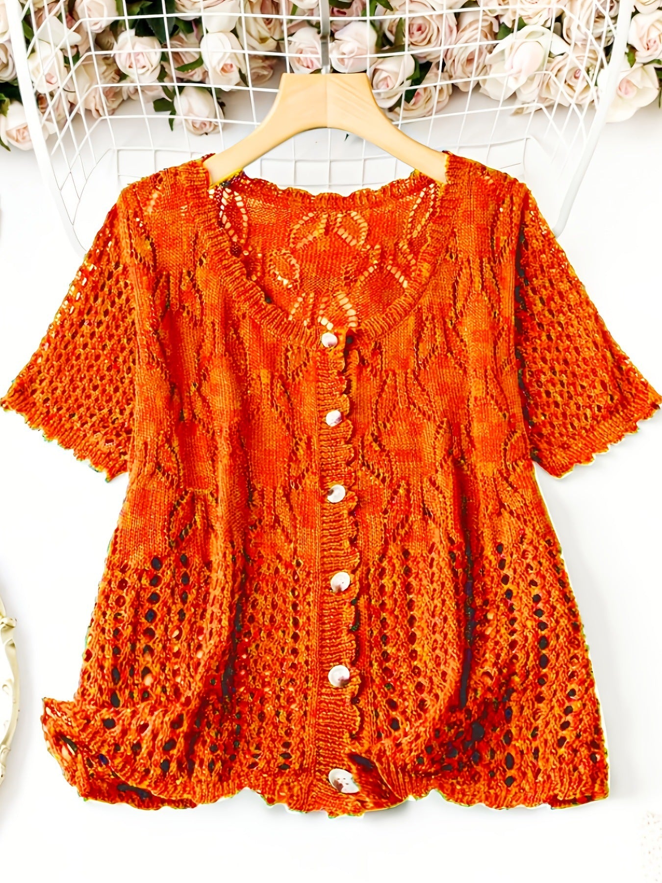 Women's Solid Color Hollow-out Button Short-sleeved Top