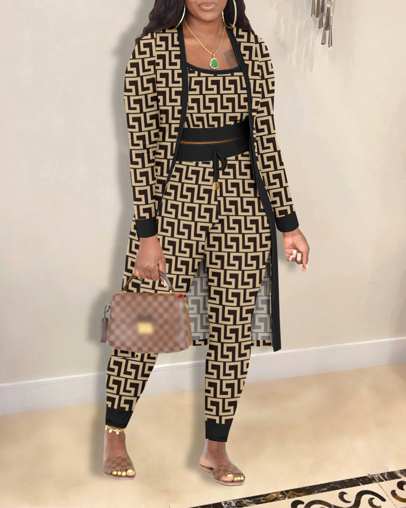 Women's Fashion Printed Coat Trousers Three-piece Suit
