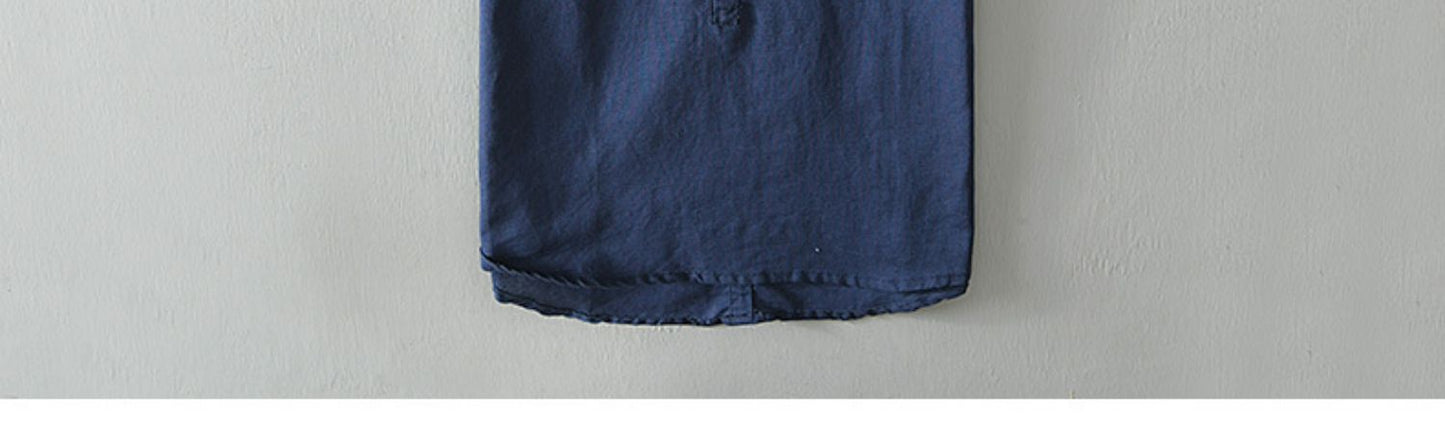 Stand Collar Pullover T-shirt Short Sleeve Men's Casual Cotton Linen Shirt