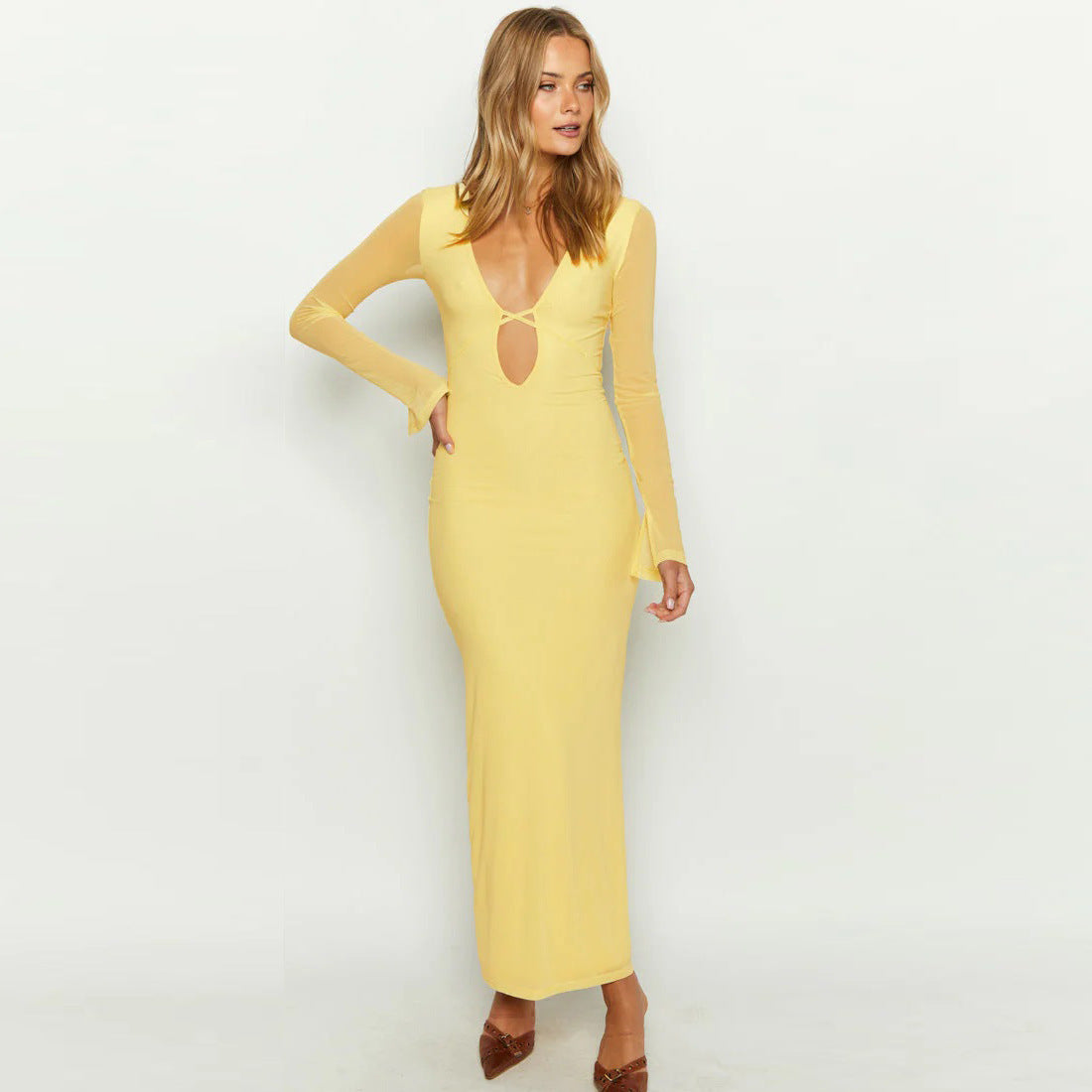 Women's Clothing Autumn And Winter New Hollow Mesh Long Sleeve Deep V-neck Lace-up Dress