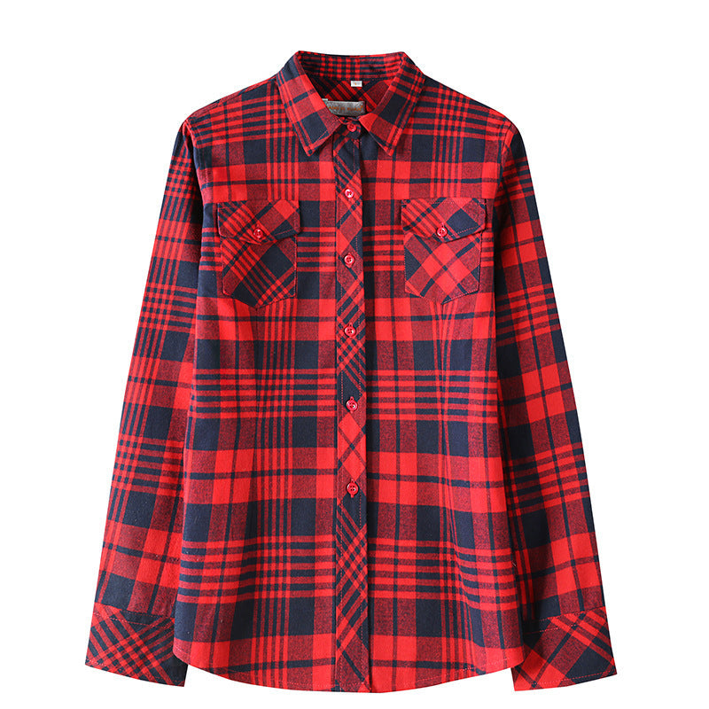Korean Style Plaid Women's Autumn Clothing Slim Women Loose Cotton Long Sleeve Shirt