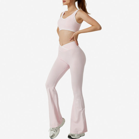 Contrast Color Round Neck Shoulder Strap Yoga Bra Bell-bottom Pants Suit