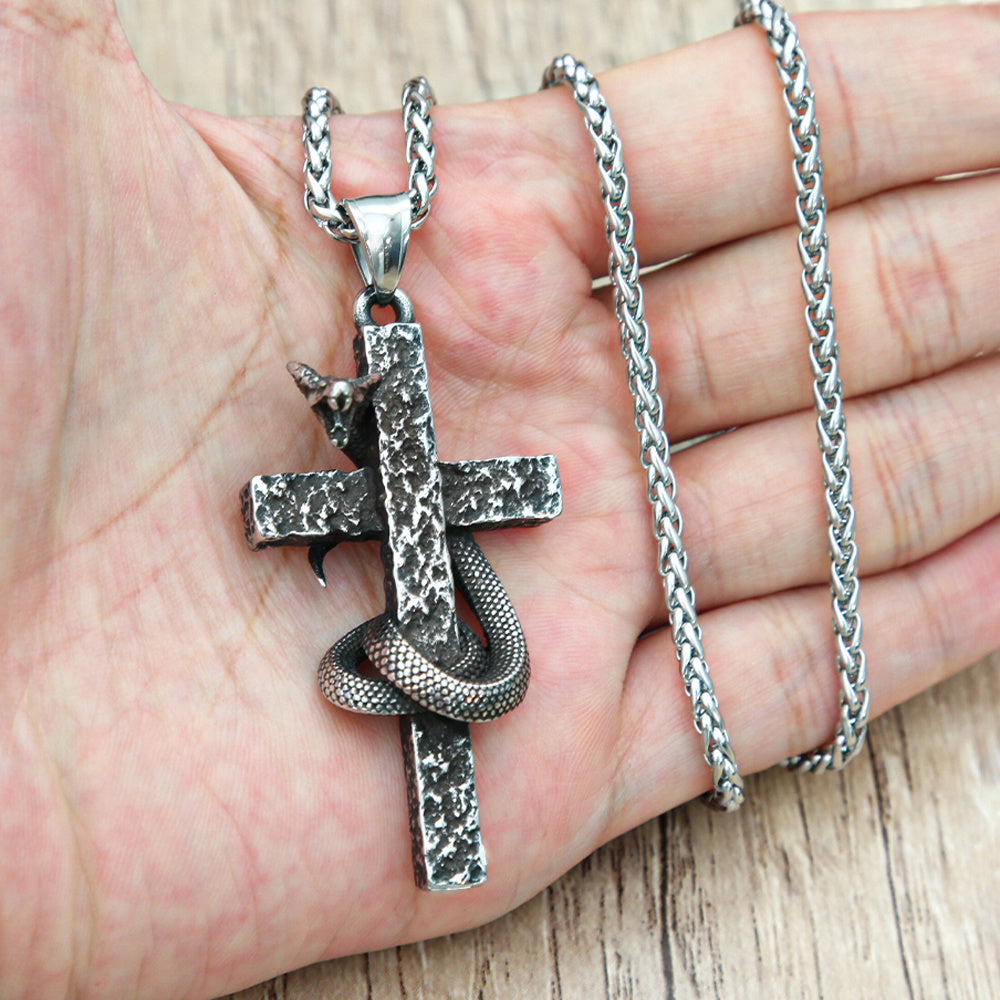 Mens Fashion Vintage Solid Three-dimensional Cobra Cross Pendant Necklace