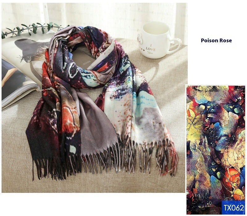 Tassel Digital Printing Scarf Cashmere Oil Painting Shawl
