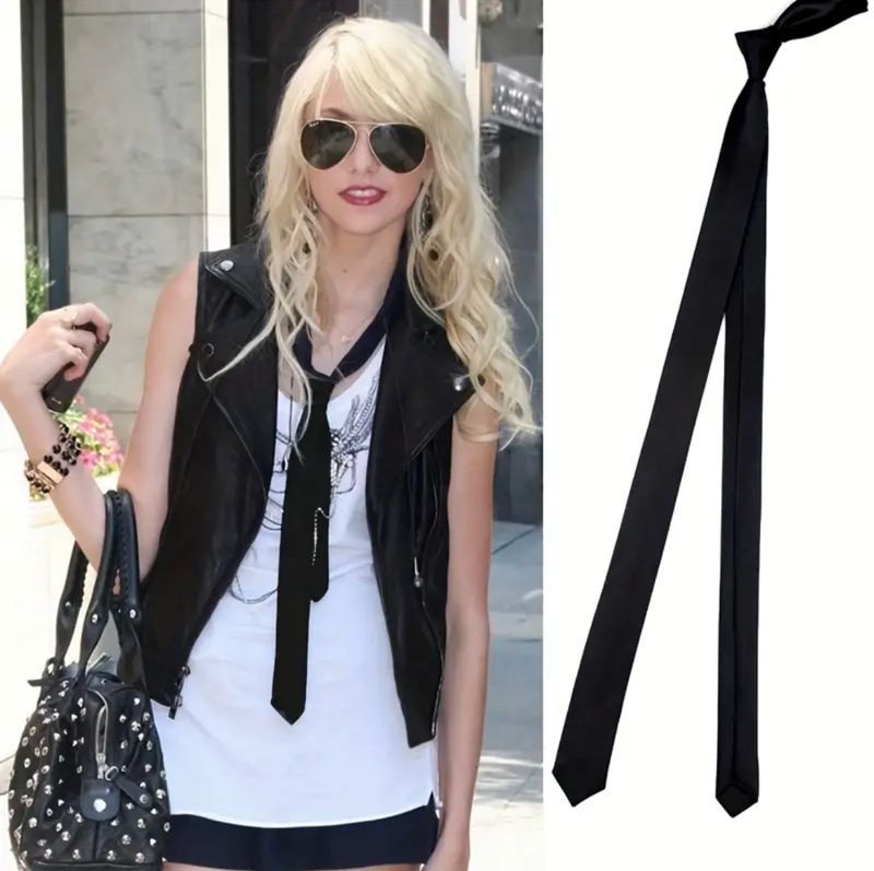 Narrow Tie Women's College Style Pure Black