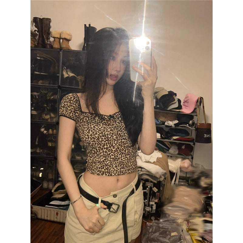 Women's Leopard Print Square Collar Short Top