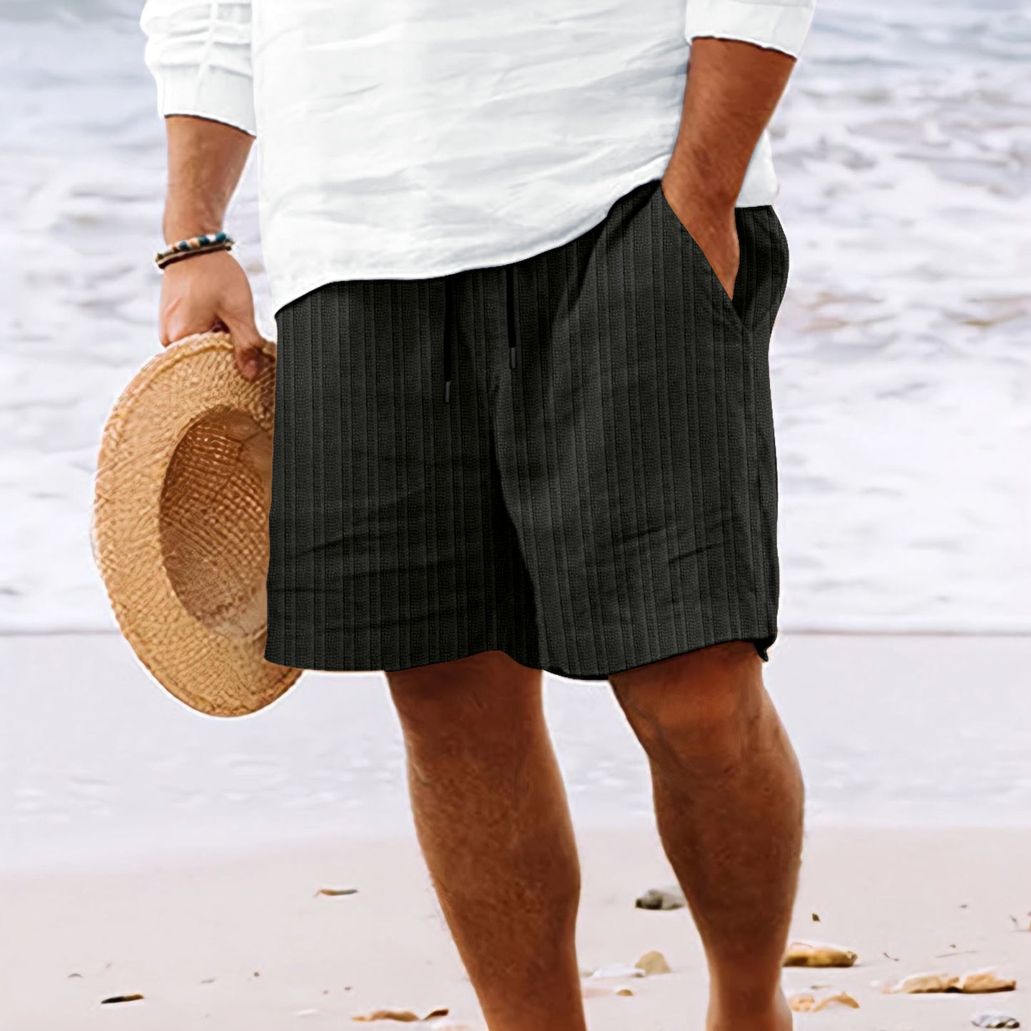 European And American Cotton And Linen Multi-bag Lace Men's Striped Beach Shorts