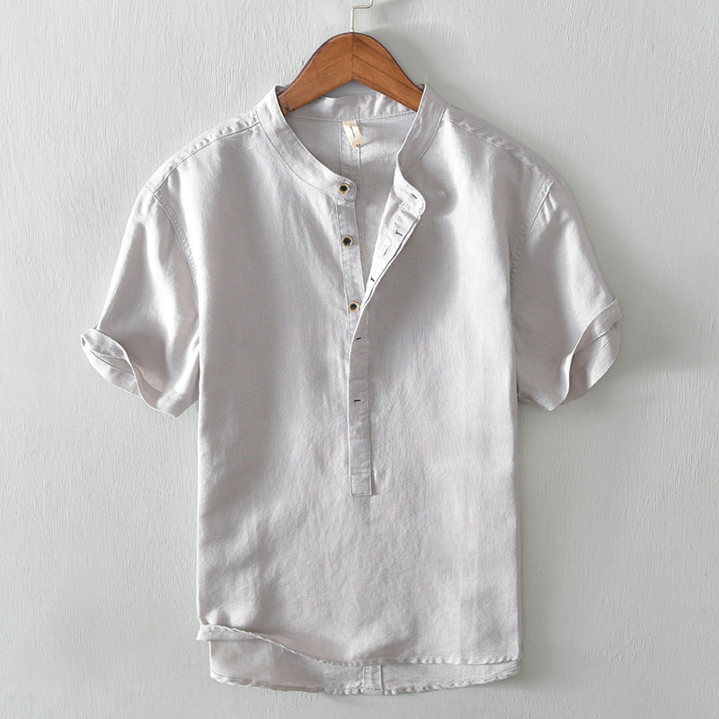 Stand Collar Pullover T-shirt Short Sleeve Men's Casual Cotton Linen Shirt