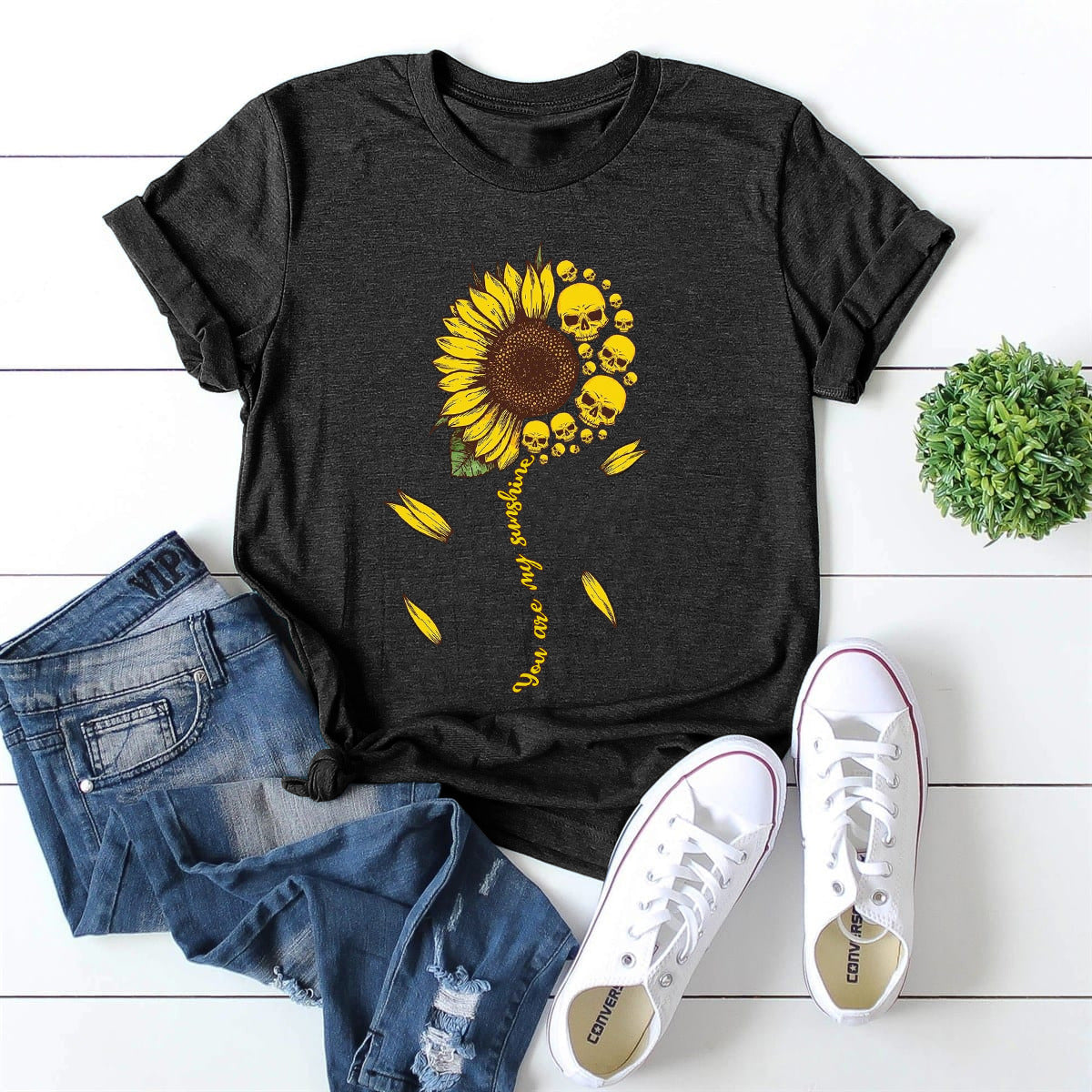 European And American Women's Clothing Loose Round Neck Chrysanthemum Short Sleeve Cotton T-shirt Women