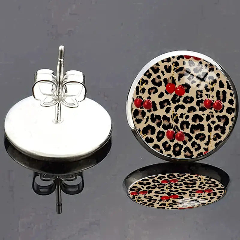 Personality Leopard Print Stud Earrings Time Stone Glass Stainless Steel