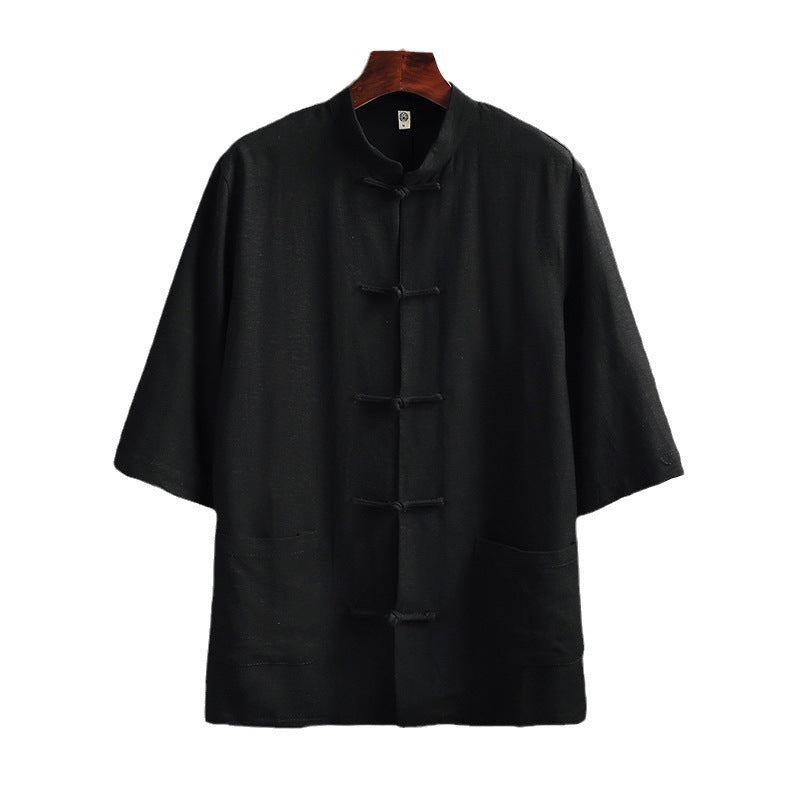 Stand Collar Linen Men's Short Sleeve Cotton Linen Shirt
