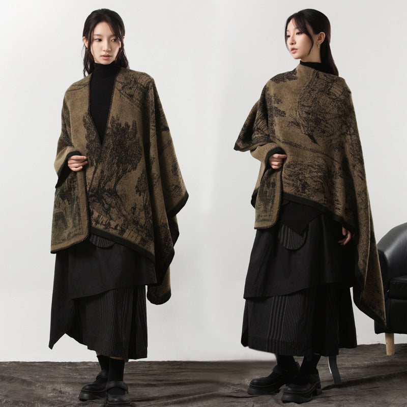 Simple Cashmere Dark Style Split Cloak Warm