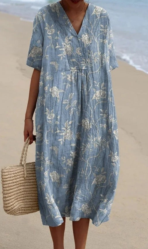 V-neck Digital Printing Pleated Large Version Dress