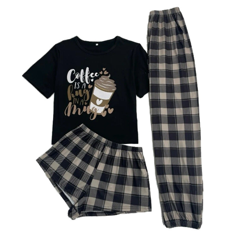 Three-piece Pajamas Women's Cartoon Plaid Shorts Trousers Home Wear