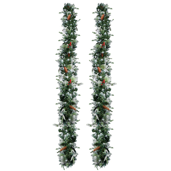 2 Pack 9FT Pre-lit Snow Flocked Christmas Garland, Lighted Artificial Xmas Garland With 200 Warm Lights And 440 Tips And Red Berries, For Front Door Gate Wall Xmas Party Decorations, Snowy Green