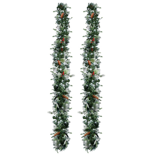2 Pack 9FT Pre-lit Snow Flocked Christmas Garland, Lighted Artificial Xmas Garland With 200 Warm Lights And 440 Tips And Red Berries, For Front Door Gate Wall Xmas Party Decorations, Snowy Green