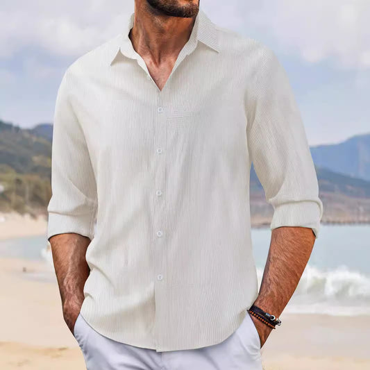 In Stock Spring And Autumn Jacquard Casual Men's Lapel Long Sleeve Shirt