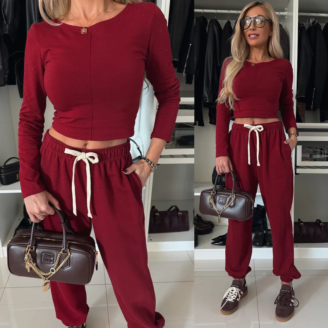 Women's Solid Color Casual Waist-exposure T-shirt Trousers
