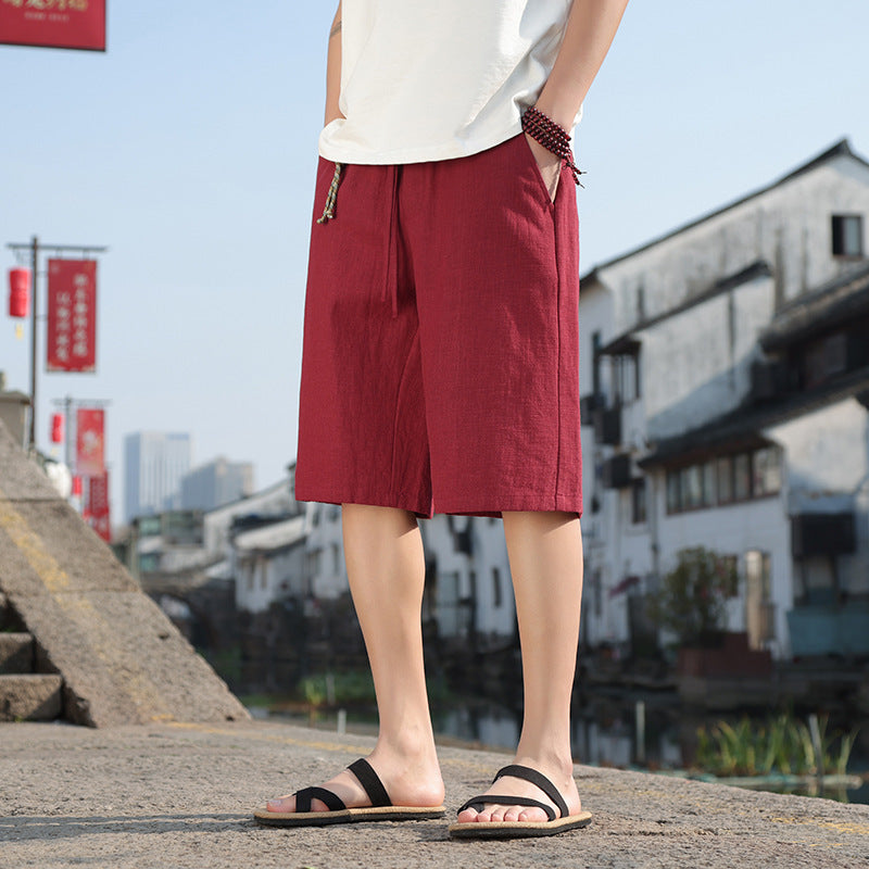 Fashion Solid Color Casual Summer Cotton Linen Straight Men's Shorts