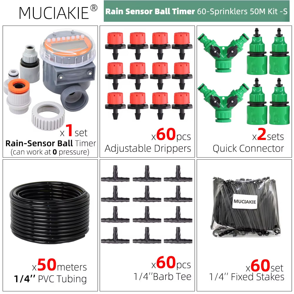 50M-5M DIY Drip Irrigation System Automatic Watering Garden Hose Micro Drip Watering Kits with Adjustable Drippers