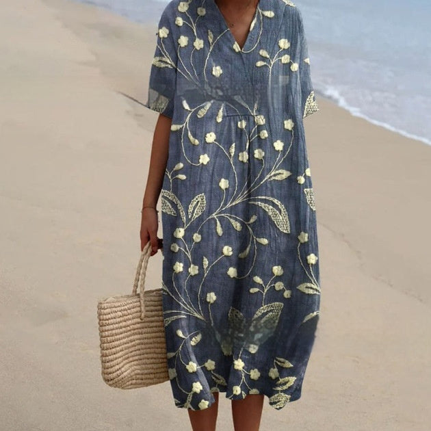 V-neck Digital Printing Pleated Large Version Dress