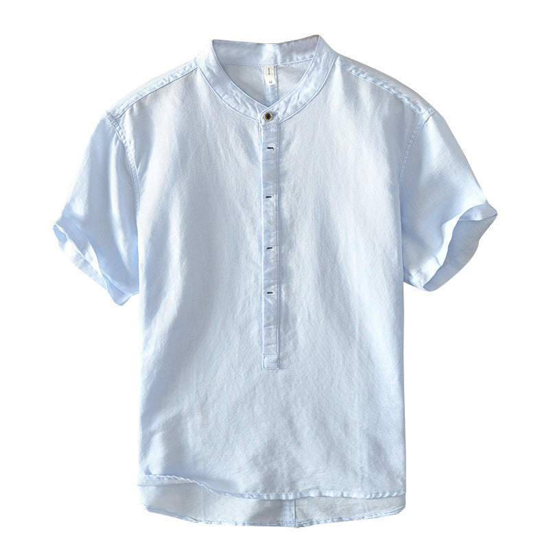 Stand Collar Pullover T-shirt Short Sleeve Men's Casual Cotton Linen Shirt