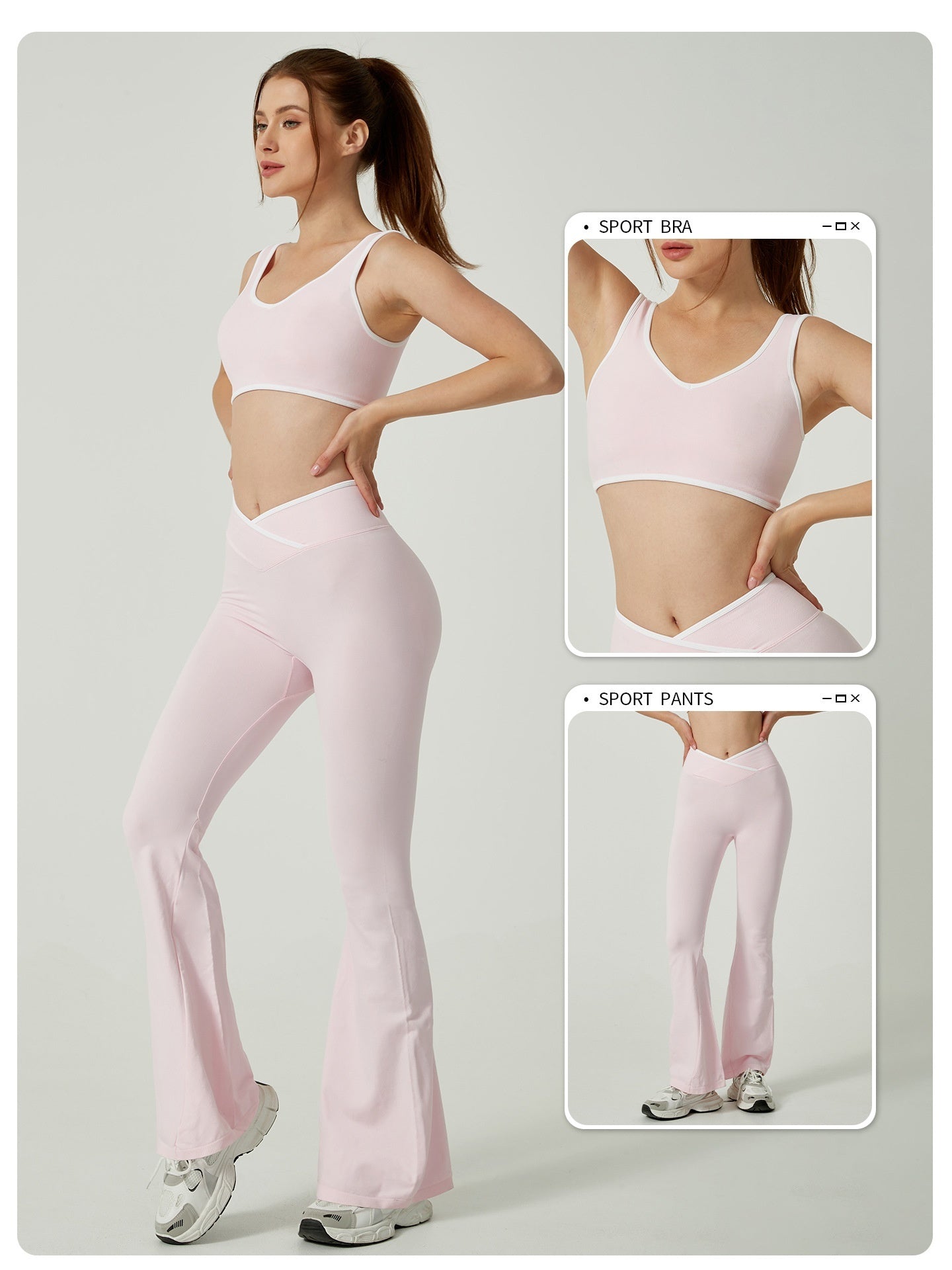 Contrast Color Round Neck Shoulder Strap Yoga Bra Bell-bottom Pants Suit