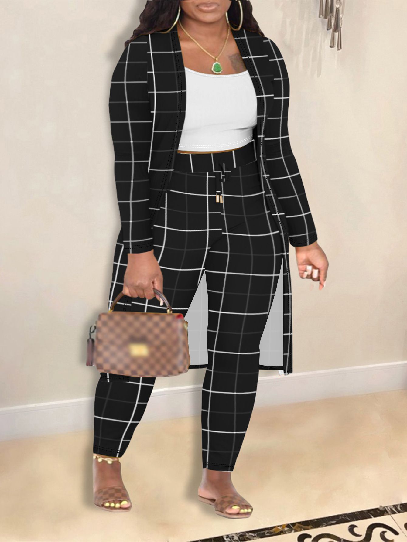 Women's Fashion Printed Coat Trousers Three-piece Suit