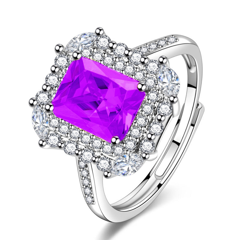 Colorful Crystals Square Design Dazzling Red Purple Citrine Ring