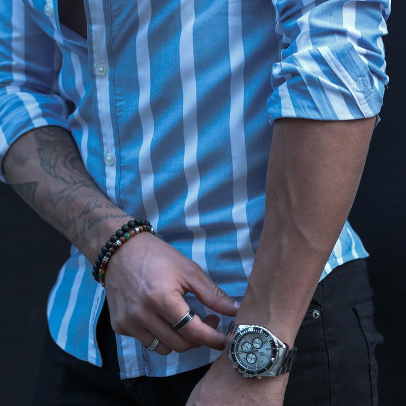 European And American Men's Stand Collar Striped Shirt