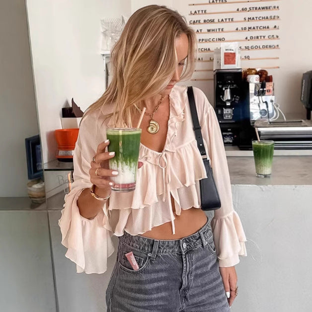 Chiffon V-neck Lace-up Ruffled Shirt