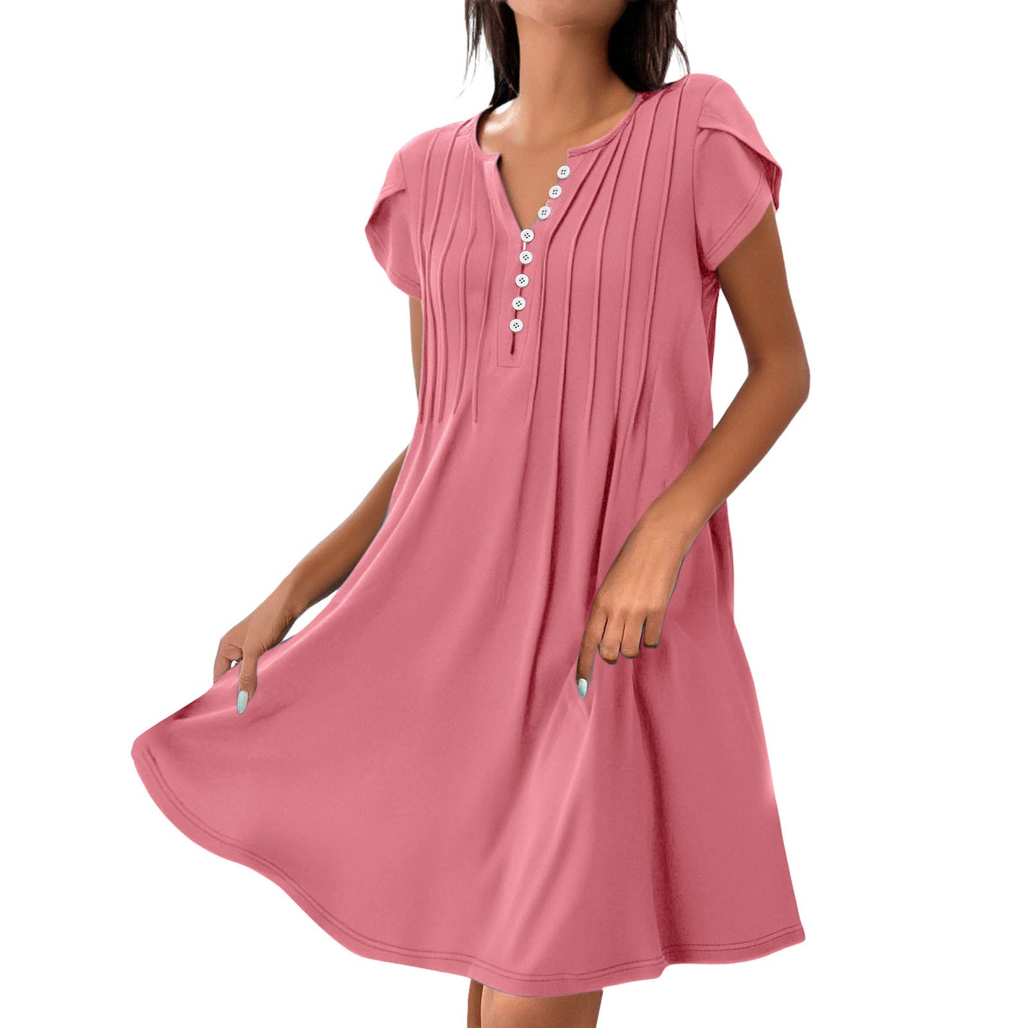 V-neck Solid Color Pullover Comfort And Casual Button Dress