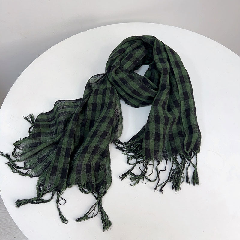 Thin Cotton And Linen Plaid Scarf Soft Neck Shawl