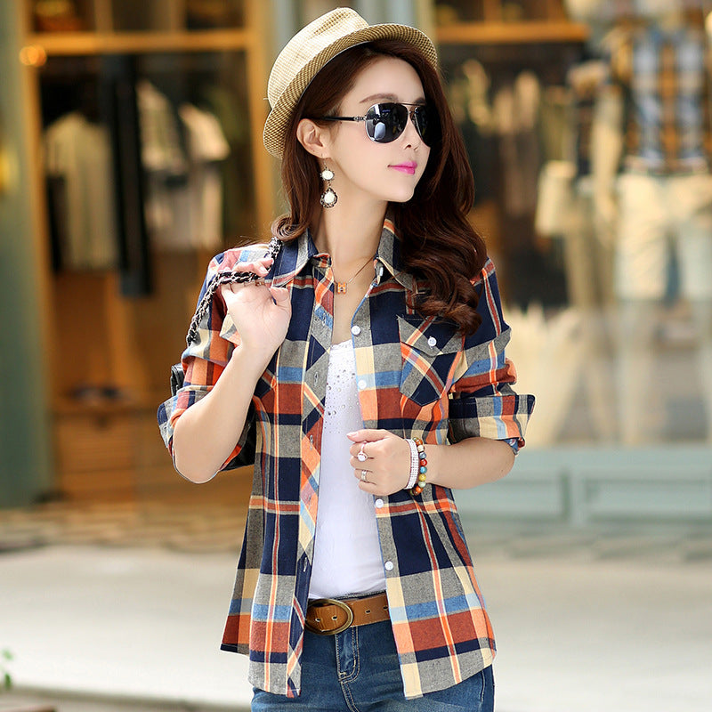 Korean Style Plaid Women's Autumn Clothing Slim Women Loose Cotton Long Sleeve Shirt