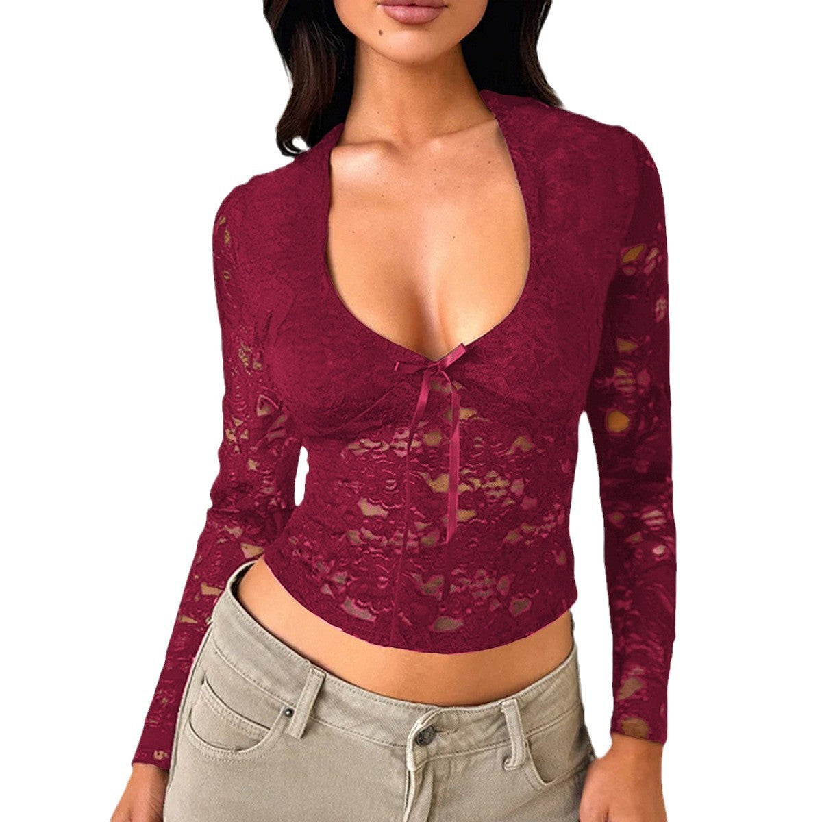New Women's Y2g Sexy Low Cut Hollow Out Bare Midriff Slim Fit Lace Shirt T-shirt
