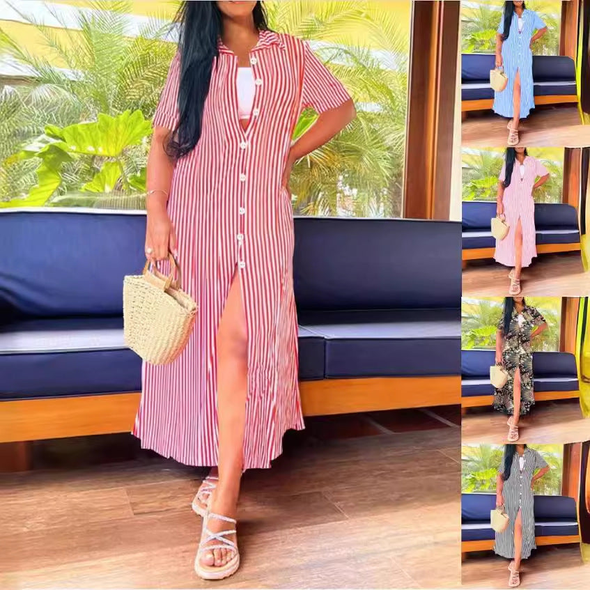 Long Striped Printed Dress Women's Clothing